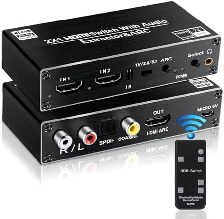 avedio links HDMI Switch Audio Extractor, HDMI Switch Splitter 2 Inputs 1 Output with Remote 4K@60hz, 2-Port HDMI2.0b Switcher Box with Optical Toslink SPDIF+Coaxial+Analog RCA Stereo Audio Out