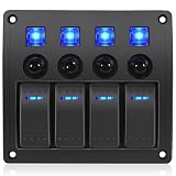 GGTA 4 Gang Boat Switch Panel Waterproof,Marine Switch Panel with Breakers,12V/24volt Rocker Switch Panel 12V/24volt On/Off Blue LED Light with Circuit Breaker 4gang10A for Car RV UTV Truck