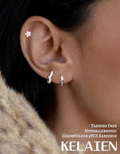 3 Pairs Hoop Earrings for Women 925 Sterling Silver Trendy 14K Gold Plated Huggie Earring Silver Hypoallergenic Stud Cartilage Earring Sets for Multiple Piercing Cute Small Jewelry Gift2