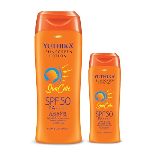 Image of Yuthika Sunscreen SPF 50 Combo - 100ml & 300ml - UVA /B & Blue Light Protection for Oily Skin - 50 PA++++ - Enriched with Plum & Grapefruit - For Men & Women, Ideal for All Skin Types