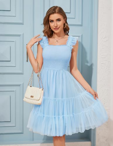 Image of Meetjen Womens Casual Summer Dresses Sleeveless Smocked 2026 Flowy Tulle Ruffle Party Square Neck Tiered Wedding Guest Dress