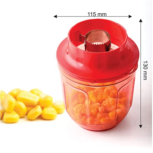 Image of HELIMIX Corn Cutter Corn Cob Stripping Kernels Remover Vegetable Peeler Corn Seeds Remover Planer with Corn Storage Mug Red