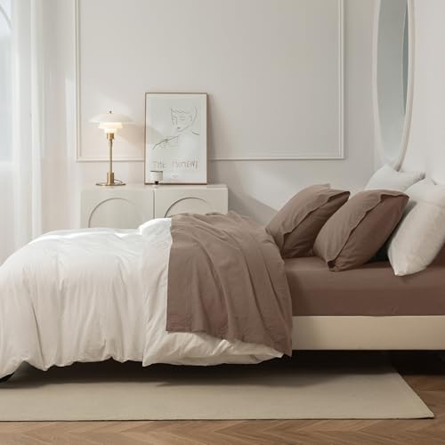 JIYUAN 100% Washed Cotton Fitted Sheet 1Piece, Deep Pocket Bottom Sheet Fits Mattress up to 17", Linen Like Comfy and Breathable for All Seasons, Queen Size, Light Brown — view 6