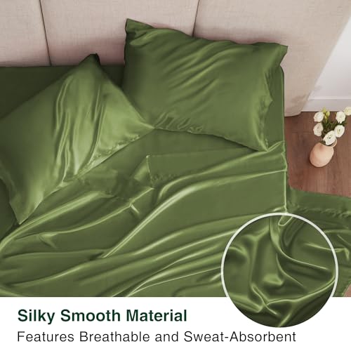 Love's cabin Satin King Sheet Sets - 4 Piece Sage Silky Sheets King Size Bed Set with Deep Pocket, Luxury Silk Feel King Size Satin Sheet Set (1 Flat Sheet,1 Fitted Sheet,2 Pillow Cases)