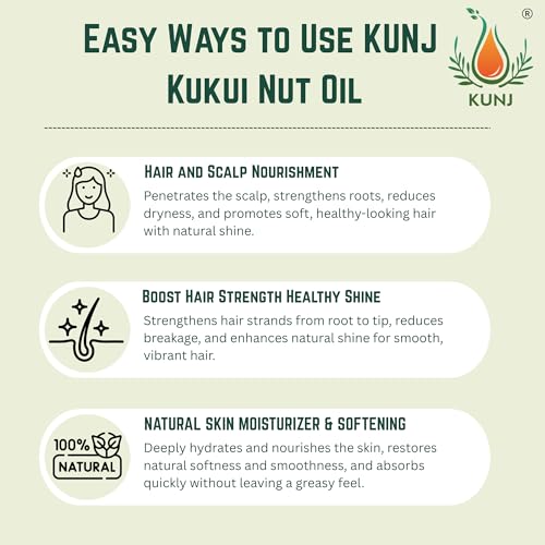 Image of KUNJ Kukui Nut Oil (Aleurites moluccanus) 30ML - 100% Pure & Natural, Cold Pressed, Undiluted - Therapeutic Grade Carrier Oil for Skin Care, Hair Nourishment & Hydration