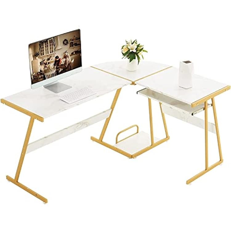 Weehom - Computadora Reversible Con Forma De L Con Almacenamiento En El Hogar, Juegos De Oficina, Mesa De Esquina Para Espacio Pequeño, Color Blanco Y Dorado