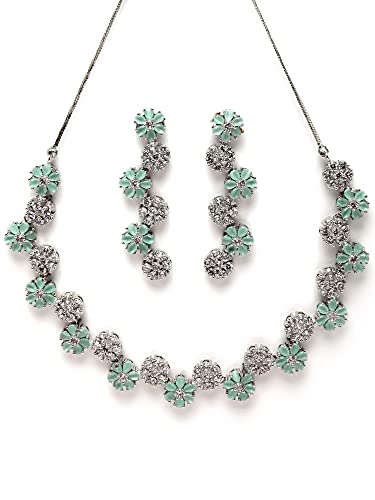 Image of Karatcart Silver Tone Green American Diamond Studded Necklace Set for Women