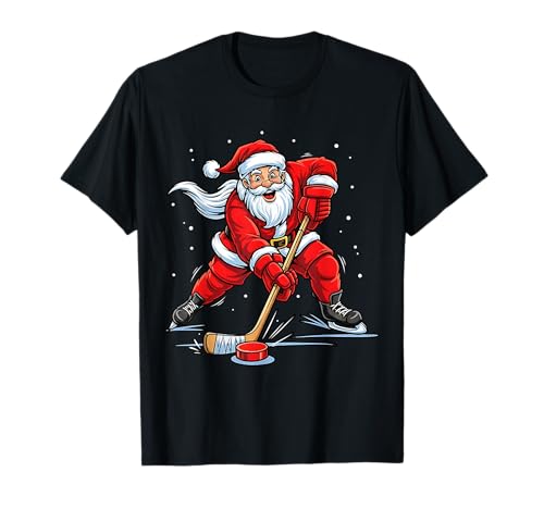 Funny Santa Ice Hockey Christmas Men Boys Tees - Père Noël Amusant Jouant au Hockey sur Glace Sport de Noël T-Shirt