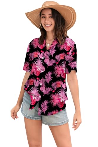 Image of SANGTREE Girls & Women's Hawaiian Shirts Button Down Short Sleeve Floral Tropical Shirt Beach Vacation Blouse Tops