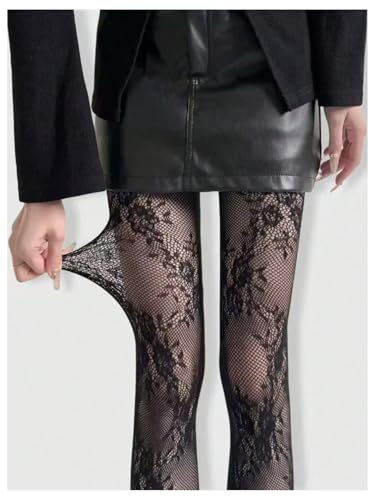 Image of RoseSeek Women's Floral Lace Fishnet Tights Kawaii Y2K See Through Stocking | Sheer Mesh, Lace Tights, Floral Lace Fishnet Tights, Thigh Highs, Leggings, Y2K Stockings