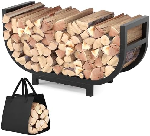 HXJLJY 30-inch Firewood Rack Outdoor Indoor with Log Carrier Bag, Stable Log Holder Rustproof Metal Wood Rack for Fireplace Patio Deck Firepit, Heavy Duty Firewood Storage Organizer Tool, Black