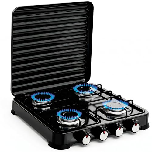 Cocina de Gas Butano Portátil 4 Fuegos 8,8 kW, Hornillo de Gas Portátil con Fuego Ajustable, 4 Quemadores de 75,5 mm, para Butano y Propano.(4 Fogones)