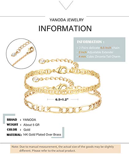 Yanoda Dainty Layered Gold Chain Bracelet For Women 14K Gold Plated Figaro Chain Bracelets Adjustable Mariner Link Bracelet Minimalist Layering Stacking Jewelry Gift For Women #TOP5