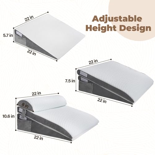 ENITYA Bed Wedge Pillow for Sleep Apnea - 3PCS Wedge Pillow for Acid Reflux Relief/Back Pain Relief/Sleeping/After Surgery/Leg Support - Memory Foam Top, Washable Cover, White