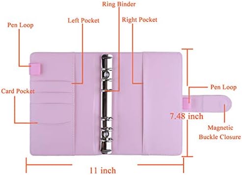 HAUTOCO PU Leather A6 Budget Binder Cover, Refillable 6 Ring Notebook Folder Personal Planner for Money Organiser, Loose Leaf Money Saving Wallet Cash Stuffing Binder, Pink