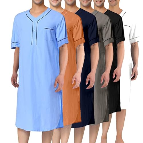 Thatrich Mens Muslin Robe Short Sleeve Mid Length Dress Casual Henley Shirts Comfy Loungewear Soft Nightgown Spring Summer2