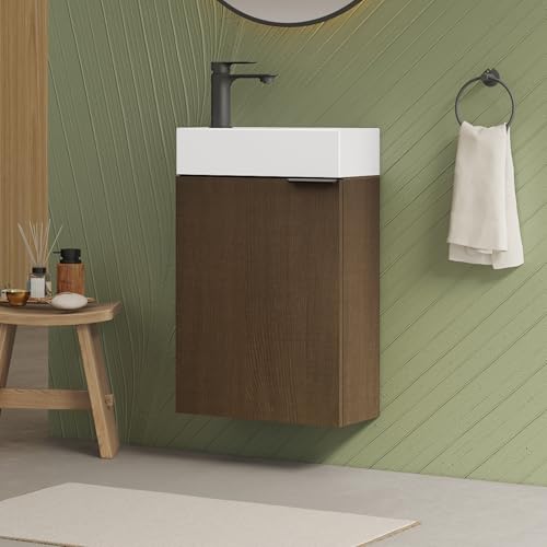 EMKE Waschbecken mit Unterschrank 41 cm, Kompaktes Waschtisch-Set mit Keramikbecken für Gäste-WC & kleines Bad, Waschtisch mit Unterschrank, Geräucherte Eiche
