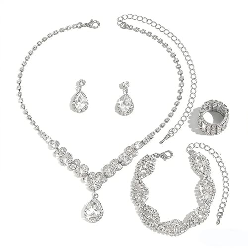 XFSRG 4 Piezas Joyas de Mujer Anillo Collar Diamantes de Imitación Pendientes Pulsera Joyas Joyería Set Regalo para Ella Eventos Especiales