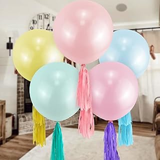 24 inch Extra Large Pastel Macaron Balloons with Colorful Tassel Big Round Jumbo Latex Balloon Pink Yellow Blue Green Light Purple Balloon Pack for Birthday Wedding Baby Shower Party Decorations
