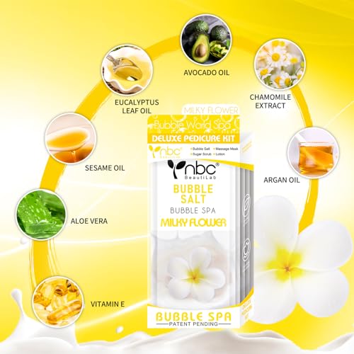 nbc BeautiLab Pedicure Kit Foot Soak Set: Bubble Salt, Sugar Scrub, Massage Mask, Massage Lotion in a Box, 4 Step Foot Spa Kit for Dry Feet, Calluses and Tired Feet(3 Set Milky Flower)