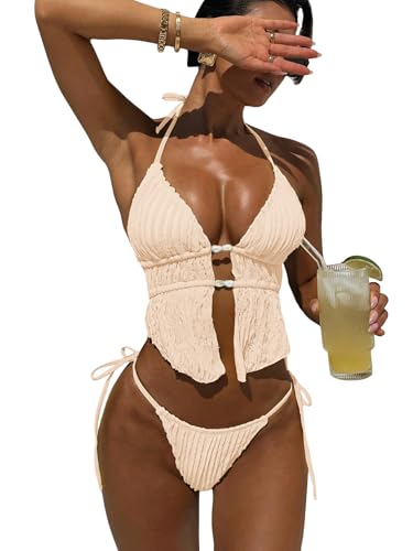 Image of RoseSeek Women's 2 Piece Boho Polka Dots Beaded Bikini Sets Sexy Swimsuits | Halter Swimsuits, Backless, Textured, Tie Side, Tankini Set, Bathing Suits, Summer, Vacation