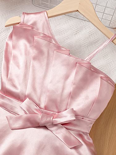 Wdirara Girl's Asymmetrical Neck Sleeveless Bow Belted Party Satin Flared A Line Dress Pink 9Y #TOP2