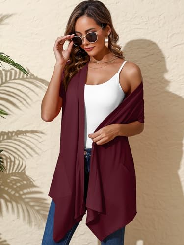 Image of Women's Lightweight Open Front Cardigans Short Sleeve Casual Soft Sheer Cardigan S-2XL with Pockets