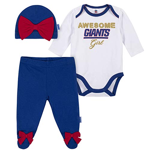 Image of Gerber NFL baby girls 3 Pack Bodysuit Registry Gift Set Footed Pant and Cap