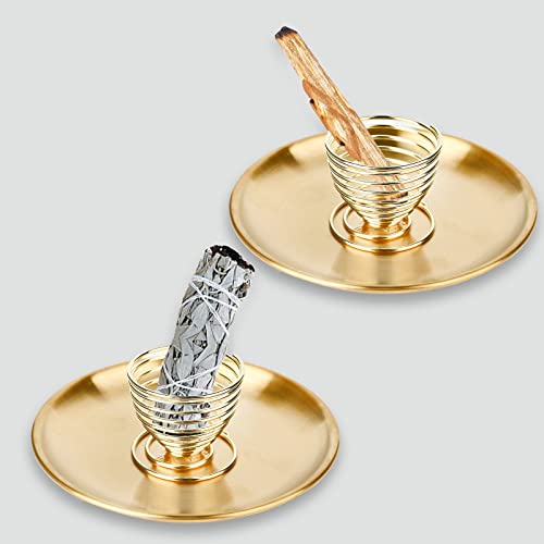 5 In 1 Incense Burner,Sage Holder,Palo Santo Burner,Lotus Incense Holder Set For Incense Sticks/Coil/Cone With 5.5” Large Brass Ash Catcher For Meditation Yoga Room Fragrance(Gold) #TOP4