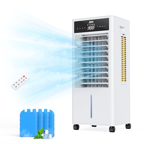 JRD Portable Air Conditioners, 3-IN-1 Evaporative Air Cooler with Remote, 2.4Gal Tank, 4 Ice Packs, 4 Modes, 3 Speeds, 12H Timer, Mist Function, Oscillation Swamp Cooler for Bedroom Home Office
