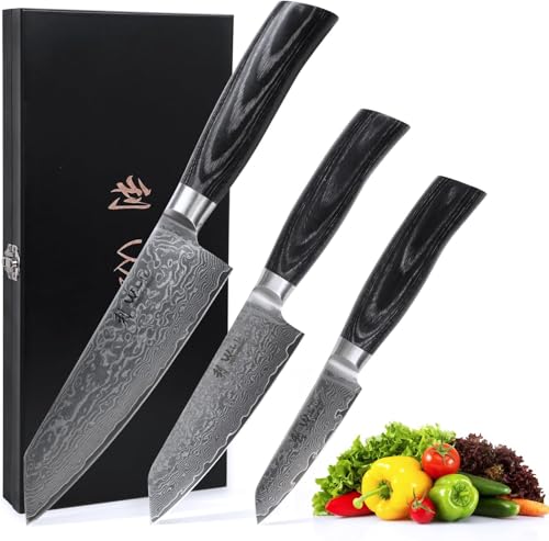 Wakoli EDIB Pro Black Premium 3er Kiritsuke Damastmesser-Set mit 9-17 cm Klingen gefertigt aus 67 Lagen mit Pakkaholzgriffen & Holzbox I Damastmesser Küchenmesserset und Profi Kochmesser