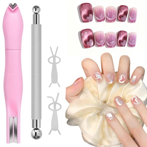 4Pcs Cat Eye Nail Magnet Kit 3-in-1 Magnet for Gel Polish with Dual-Ended Pen & 2Pcs Bunny Guides - 3D Nail Art Designs & Create Stunning Cat Eye at Home or Salon