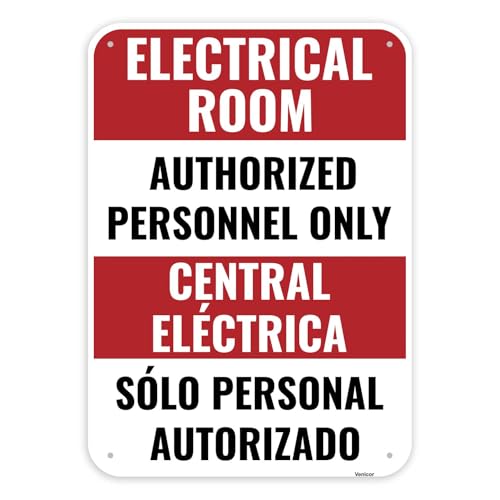 1PC Electrical Room Sign Bilingual, 14 x 10 Inches - Aluminum - Authorized Personnel Only - Electric Room Signage For Door
