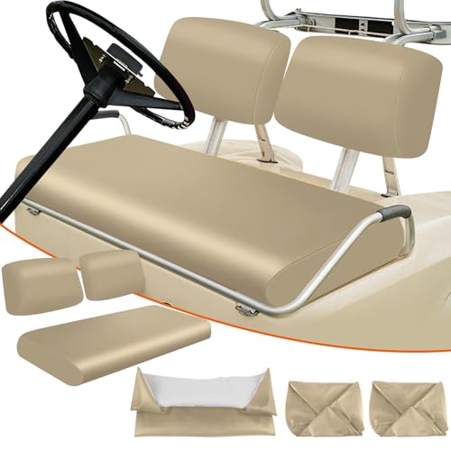 Image of Golf Cart Front Seat Covers Beige Micro Fiber Leather Seat Covers Replacement for Club Car DS 1982-2000, Staple On