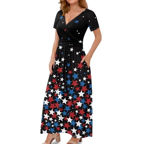 Image of Women's Fall Summer Short Sleeve Ankle Length V-Neck Party Dress with Pockets Size S-3XL