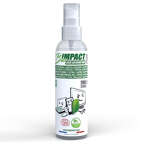 BIOIMPACT Limpia pantalla ordenador portátil y limpiador gafas (250ml) 99% Natural - Certificado ecológico por ECOCERT