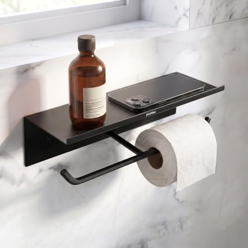 Image of Plantex Dual Toilet Paper Holder for Bathroom /GI Steel Tissue Paper Roll Holder with Mobile Stand /Toilet Paper Roll Holder /Bathroom Accessories - (Black)