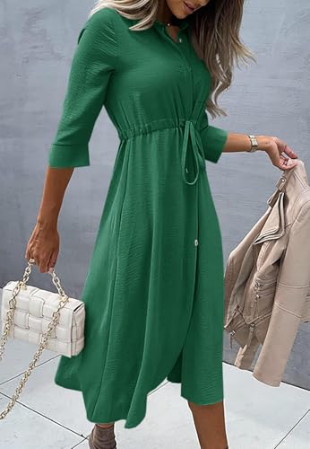 Image of Febriajuce Women's 3 /4 Sleeve Midi Dress Casual Drawstring Belted Round Neck Plain Tie Waist Loose High Waist Long Dress