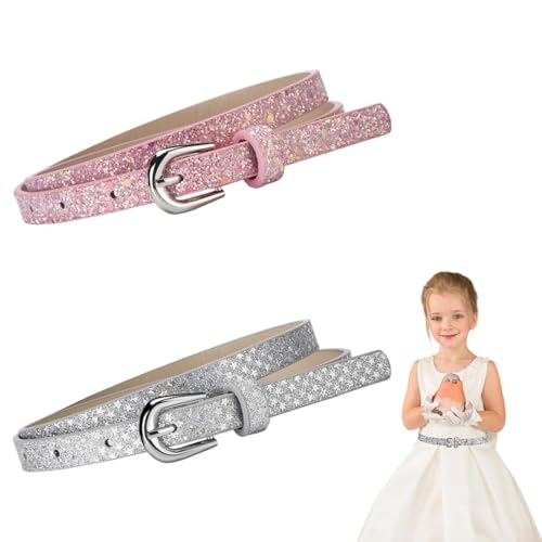 DULFAX - Ceinture Enfant Fille 2 Pièces Ceintures Fines à Paillettes en Cuir PU Brillant pour Filles et Enfants Réglable avec Boucle
