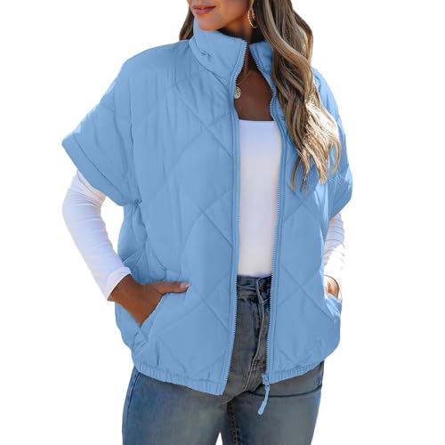 Novlewign Damen Pufferweste, leger, mit Flügelärmeln, Reißverschluss, Steppjacke, Stehkragen, Herbst-Wintermantel, Oberbekleidung mit Taschen, Himmelblau, S