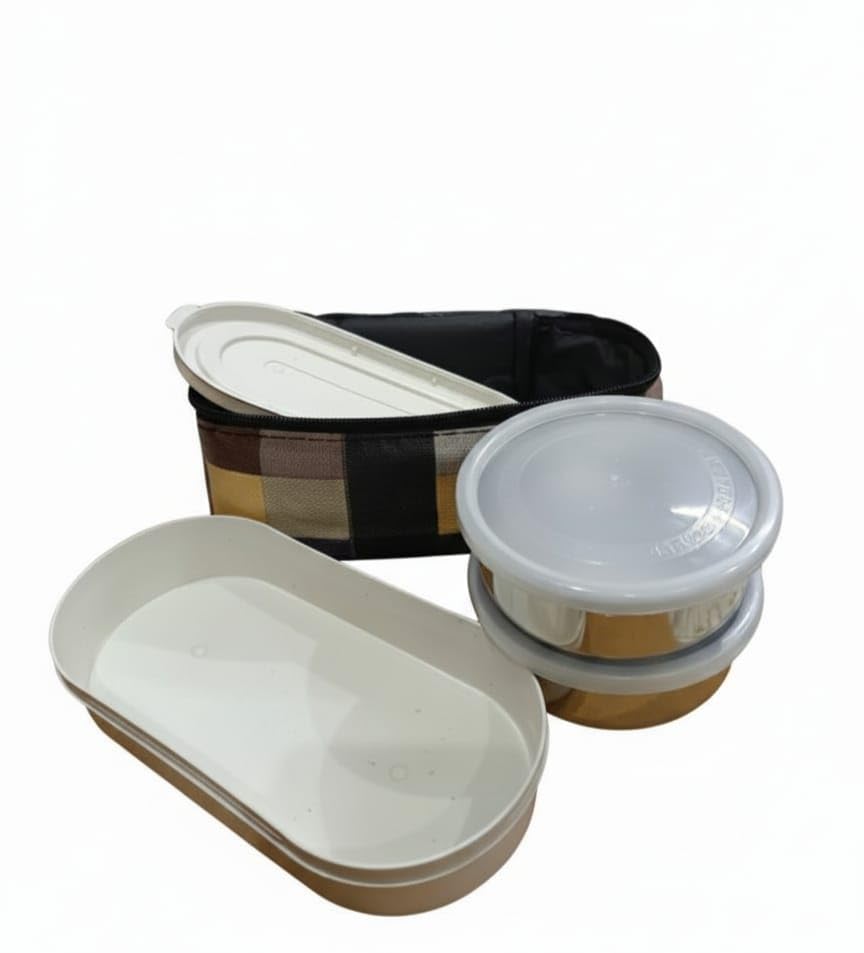 Image of Lunch Box Set with 2 Stainless Steel CONTAINTER and 1 Plastic CONTAINTER and Carry Bag, Leak-Proof, Light Weighted and Durable