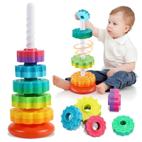 Torre de Empilhar e Girar com Cores do Arco-Íris - Brinquedo Montessori para Desenvolver Habilidades