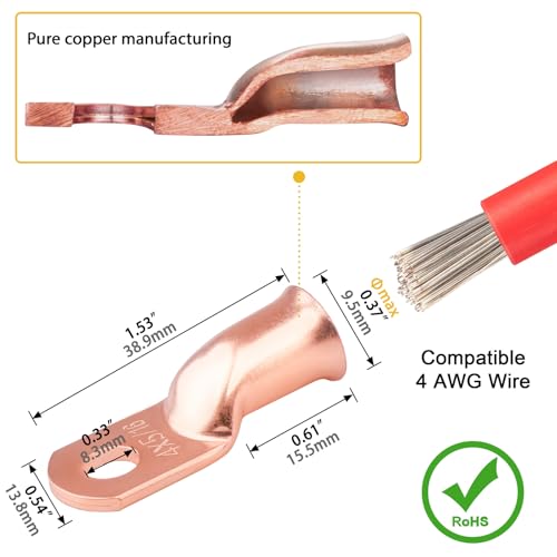 10pcs 4 Awg - 5/16" (M8) Sanuke Wire Lugs Ring Terminal Connectors Ends, Heavy Duty Wire Connectors Heavy Duty for Battery Cable Lug Wire Electrical Eyelets with 3:1 Dual Wall Adhesive Heat Shrink