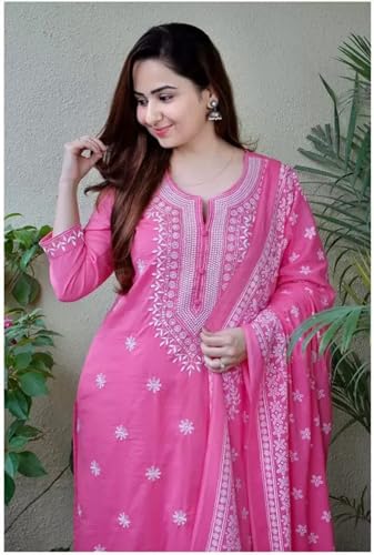 Image of BHARVITA Women's Cotton Embroidered Chikankari Work Straight Kurta Dupatta Pant Set