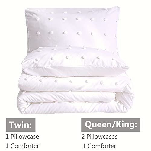 Paxrac Tufted White Queen Comforter Set (90X90 Inches), 3 Pieces- Soft Cotton Jacquard Lightweight Comforter With 2 Pillowcases, Chenille Dots All Season Down Alternative Comforter Set For Bedding #TOP6