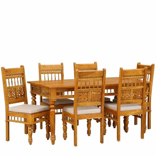 Image of BN Furniture Solid Sheesham Wood 6 Seater Dining Table Set | Traditional Handcrafted Wooden Dining Set with Cushioned Chairs | Honey Finish