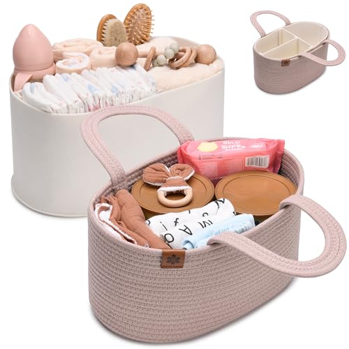Image of PeraBella Baby Diaper Caddy Organizer Girl, Nursery Storage Rope Baby Basket, Changing Table Organizer, Car Caddy Bag, Baby Boy Shower Gifts, Newborn Essentials Baby Registry Search Nursery Must Haves