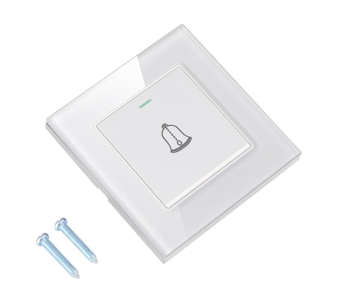 Interrupteur de Sonnette, 8,6×8,6cm Bouton Sonnette Exterieur en Verre Trempé avec Vis, 16A 220~250V Exterieur Etanche Bouton de Pression Encastré pour Maison, Hôtel (Blanc)