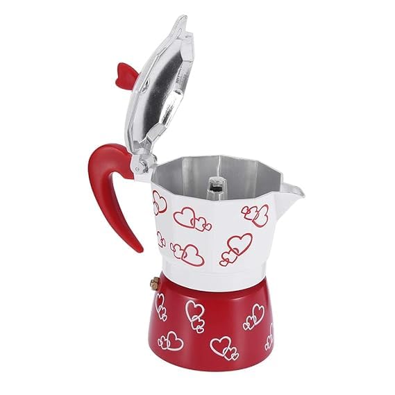 Image of 3 Cup Moka Pot Coffee Maker for Kitchen | Cappuccino & Espresso Stovetop Brewer | Italian Style Aluminium with Heat Resistant Handle | Gas Stove Compatible | Red & White