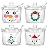 Hot Cocoa Bar Supplies - 4 Pcs Christmas Clear Acrylic 7 oz Sugar Bowls with Lid and Spoon Ice Cream Sundae Storage Container Kitchen Canister Condiment Bottle for Xmas Party Serving & Decor